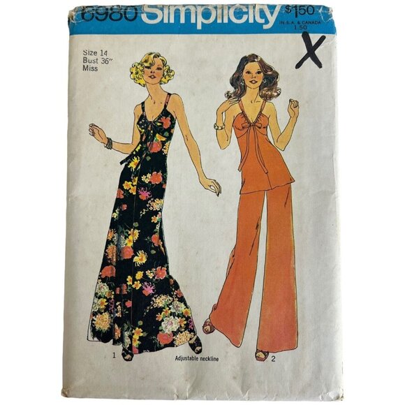 1975 Simplicity Sewing Pattern 6980 Summer Dress Top Wide Leg Pant Size 14 Uncut - Picture 1 of 6